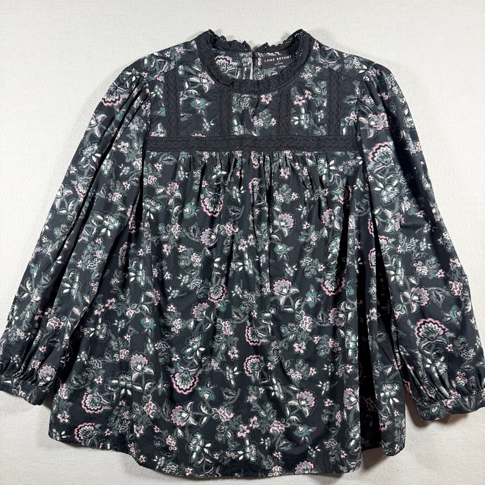 Lane Bryant Black Floral Print Lace Trim Peasant Blouse Top Womens Size 16